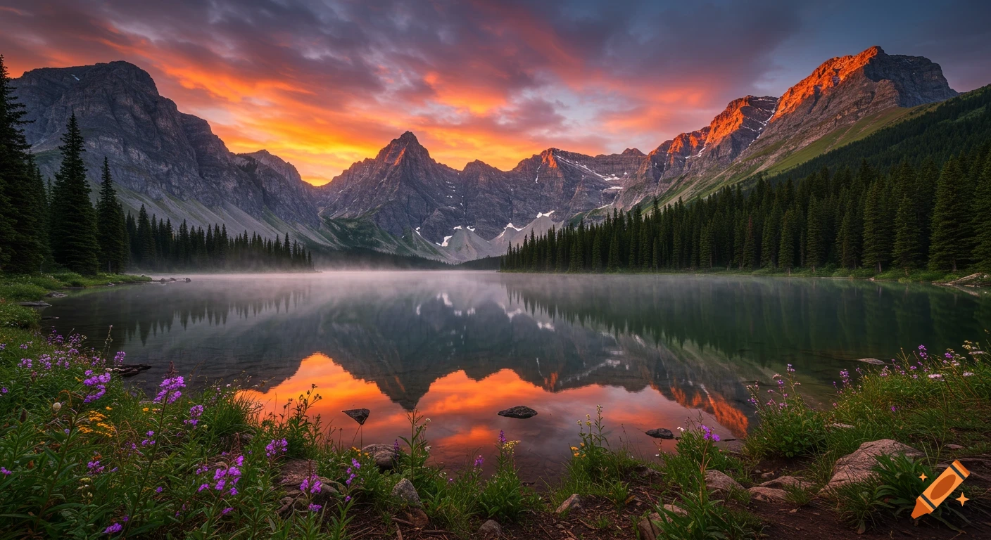 A serene mountain lake reflects a vibrant orange and pink sunrise sky, surrounded by pine trees and wildflowers.