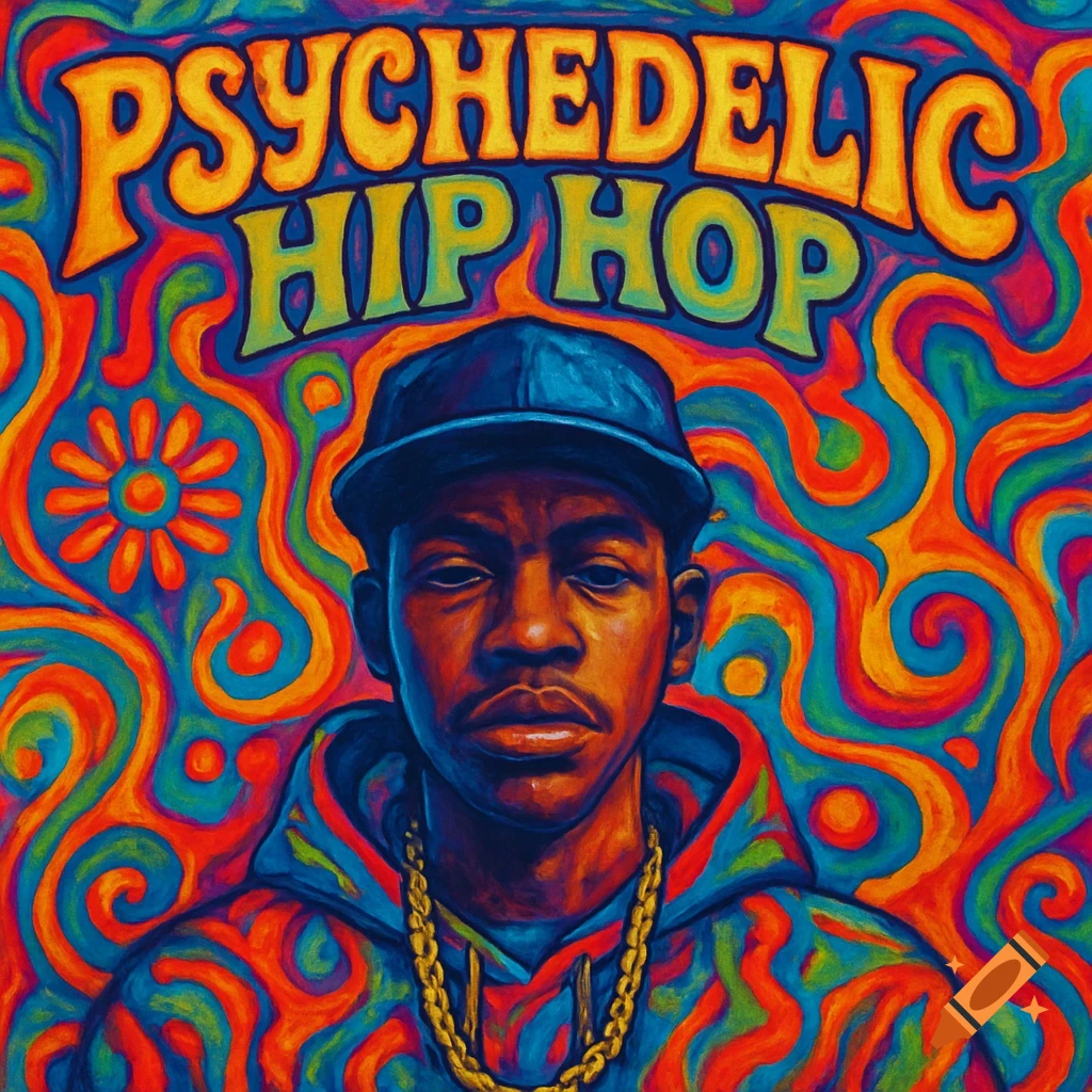 Man in cap and hoodie against psychedelic background with 'PSYCHEDELIC HIP HOP' text.