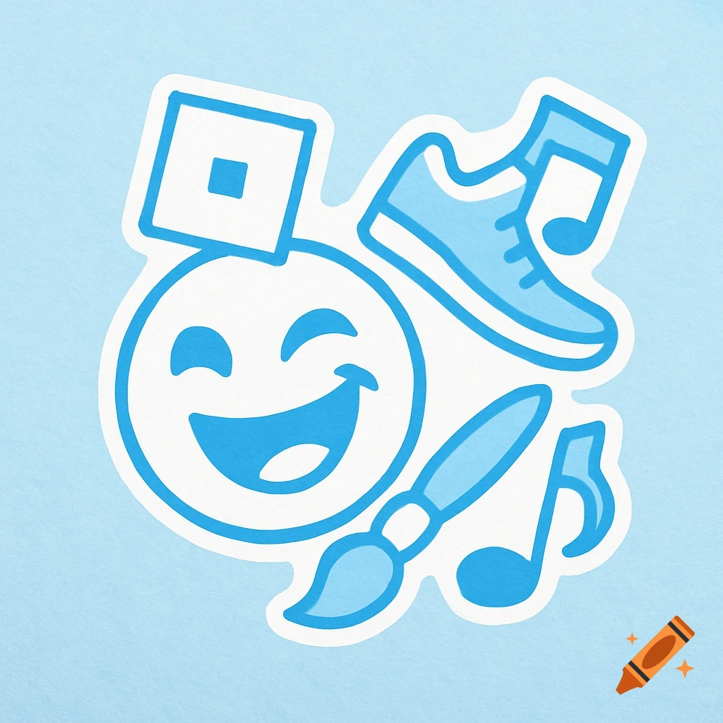 Illustration of a sticker with symbols: a smiling face, sneaker with music note, paintbrush, and square icon.