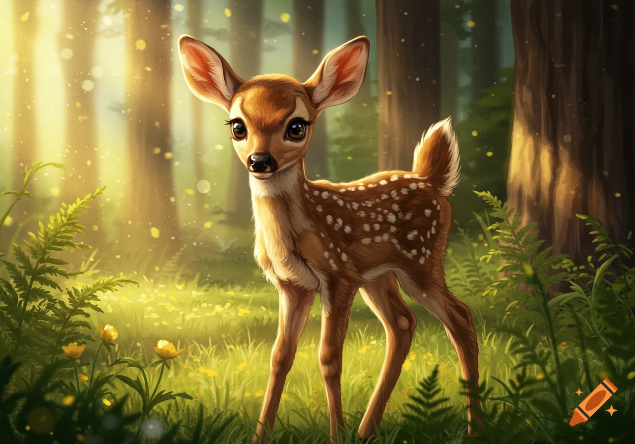 A cute baby deer stands in a sunlit forest illustration.