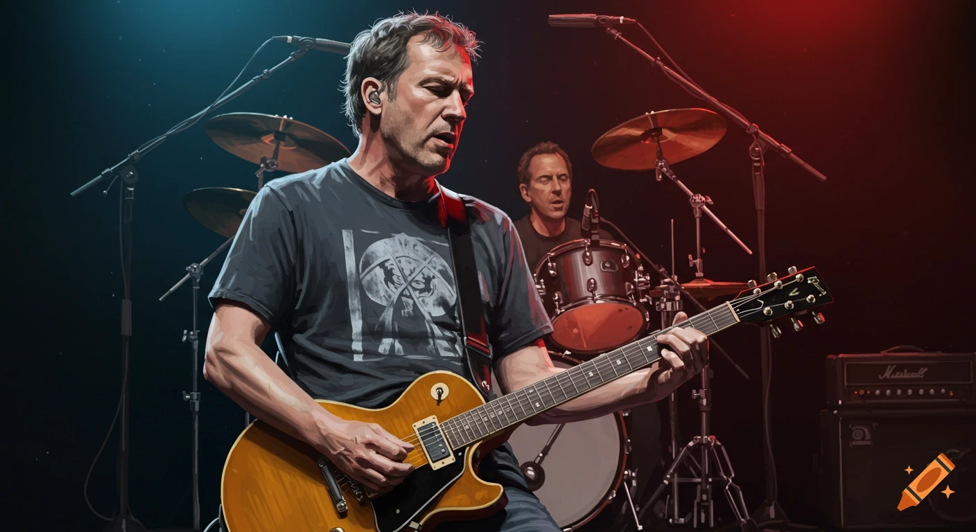 Two musicians playing guitar and drums on a dark stage with red and blue lighting, illustrative style.