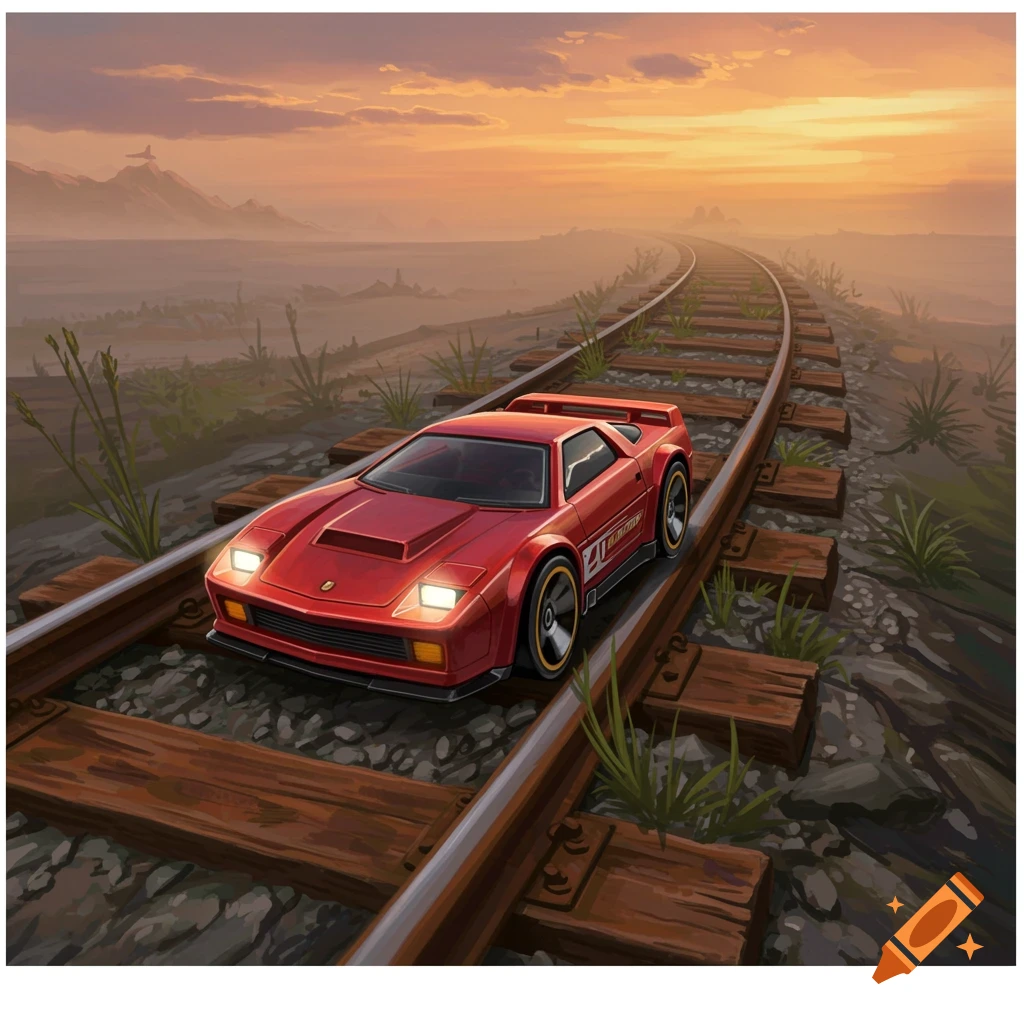 A red car drives along train tracks at sunset in a stylized illustration.