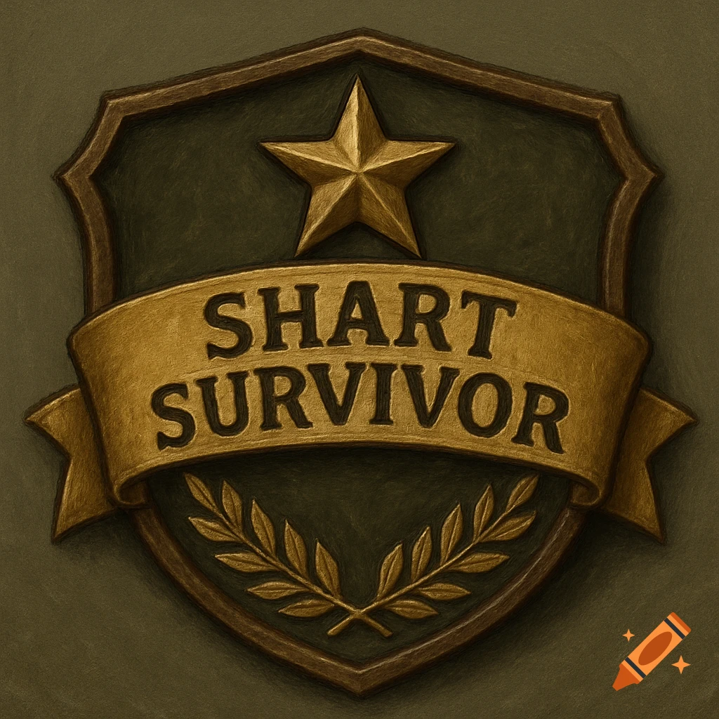 A gold and green military-style badge with a star, laurel wreath, and banner reading 'SHART SURVIVOR'.