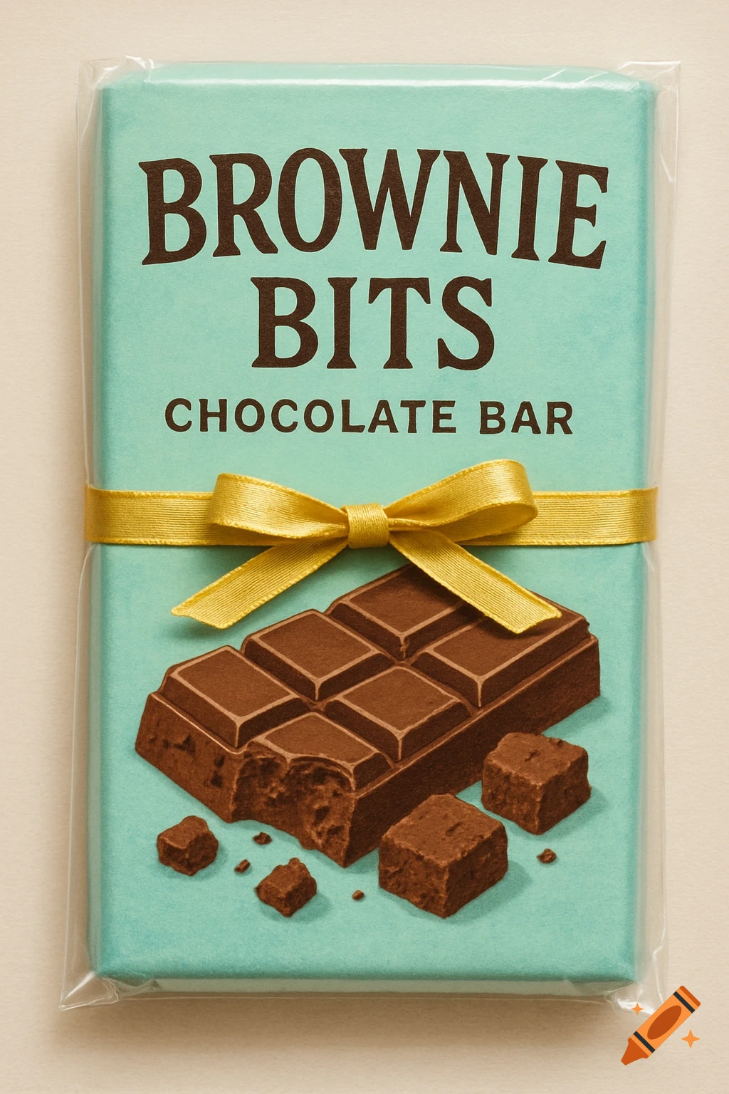 Close-up photo of a brownie bits chocolate bar wrapper with text and illustration, tied with a gold ribbon