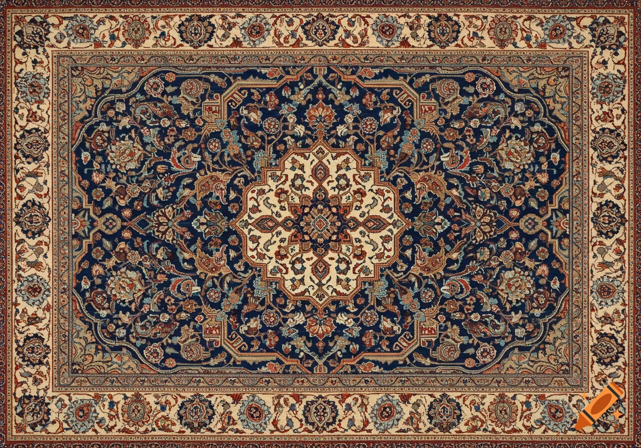 Detailed overhead view of a Persian rug with intricate floral and geometric patterns in shades of blue, red, and cream.