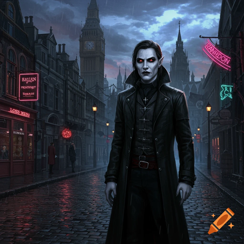 A vampire in a black coat stands on a rainy cobblestone street in gothic London.