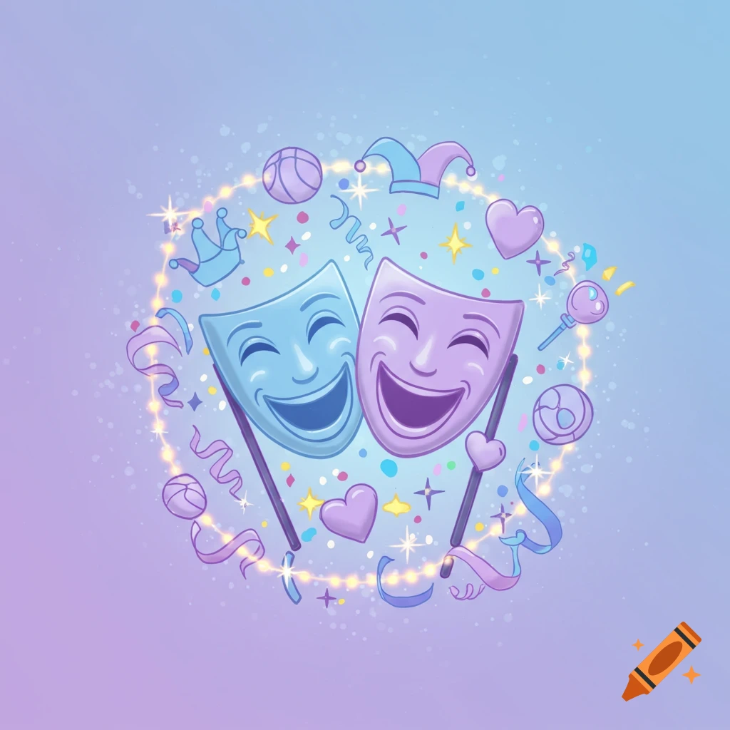 Cartoon illustration of blue and purple comedy masks surrounded by confetti, sparkles, party items, and a ribbon of light.