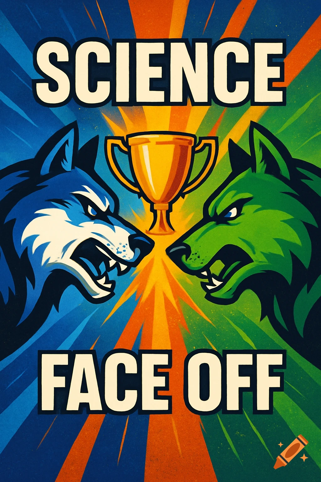 Poster with two stylized wolves, one blue and one green, facing off over a trophy, with the text "SCIENCE FACE OFF."