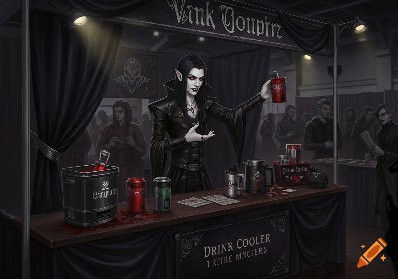 Goth vampire selling red drinks from a booth at a convention, dark fantasy art.