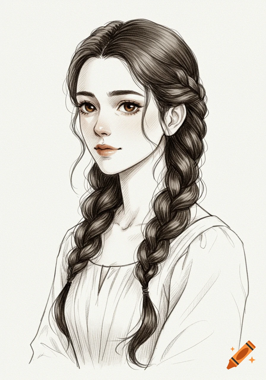 Pencil sketch portrait of a woman with long braided hair.