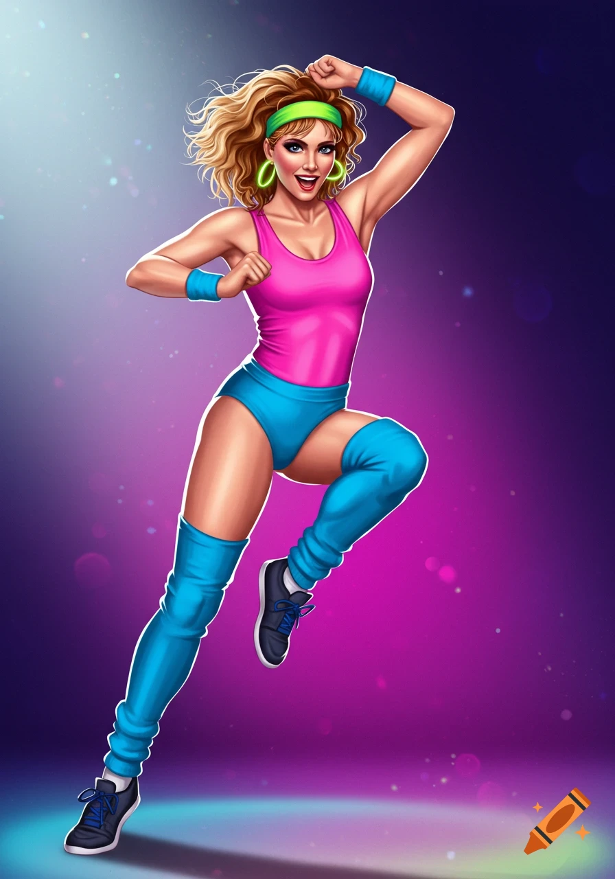 Illustration of a woman in 1980s workout gear doing aerobics.
