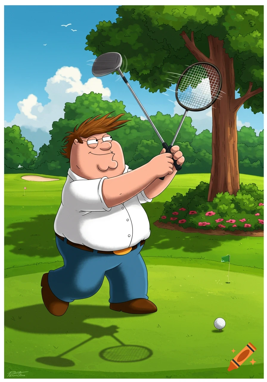 Peter Griffin on a golf course swinging a golf club and a tennis racket.