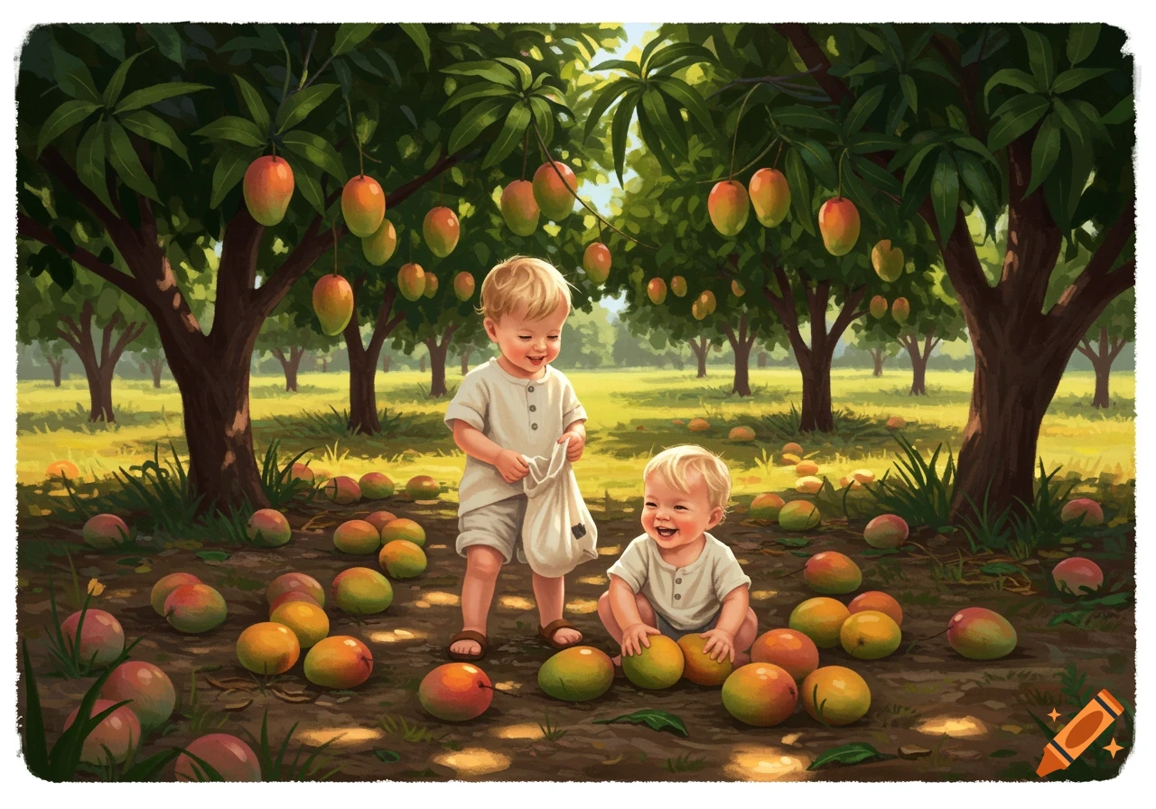 Two smiling toddlers play among fallen mangoes in a sunny orchard.