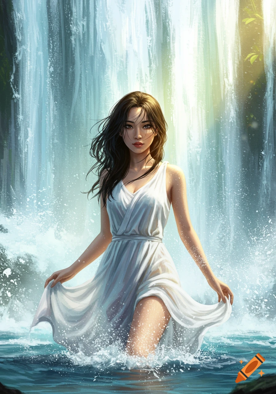 Digital painting of a woman in a white dress standing in a waterfall