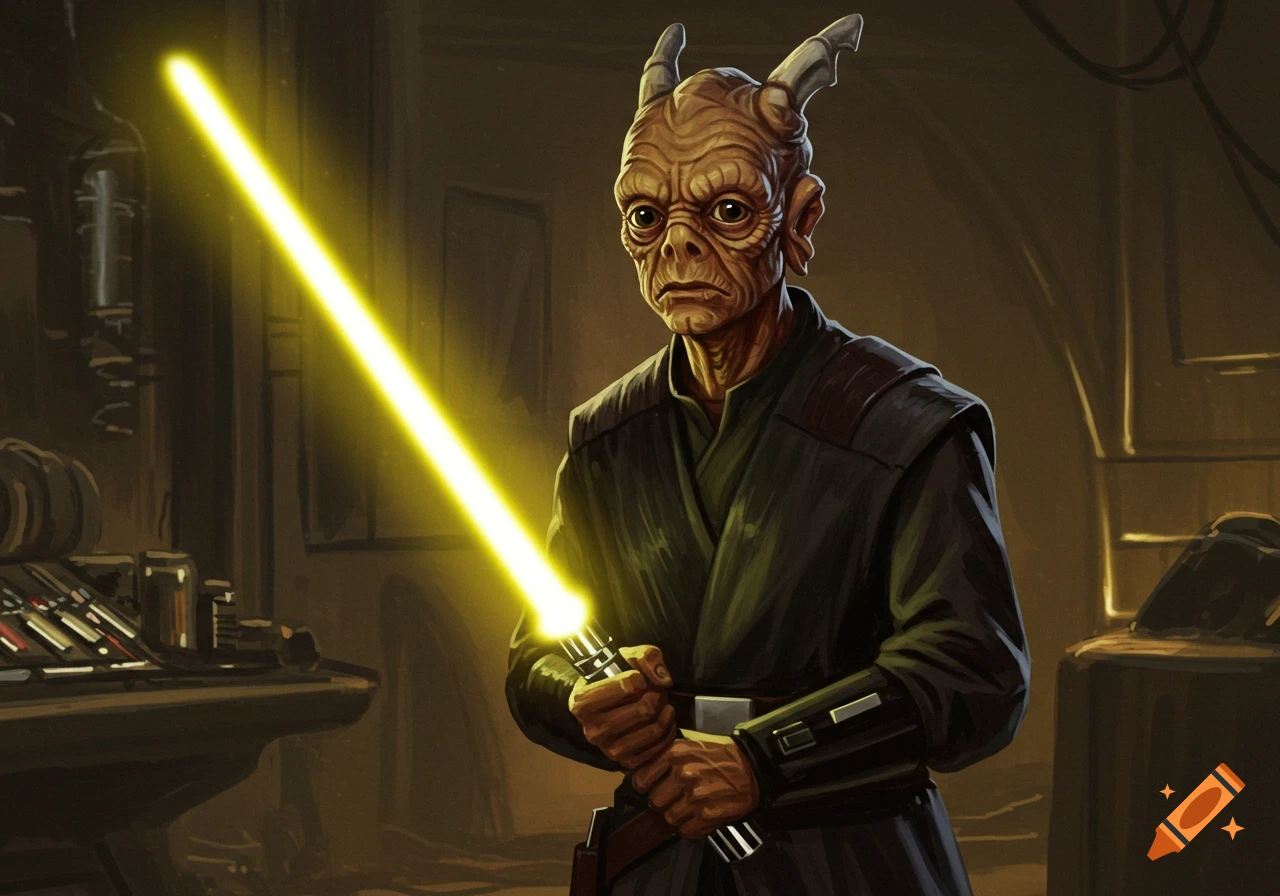 A Duros alien character from Star Wars holds a yellow lightsaber in a workshop setting.