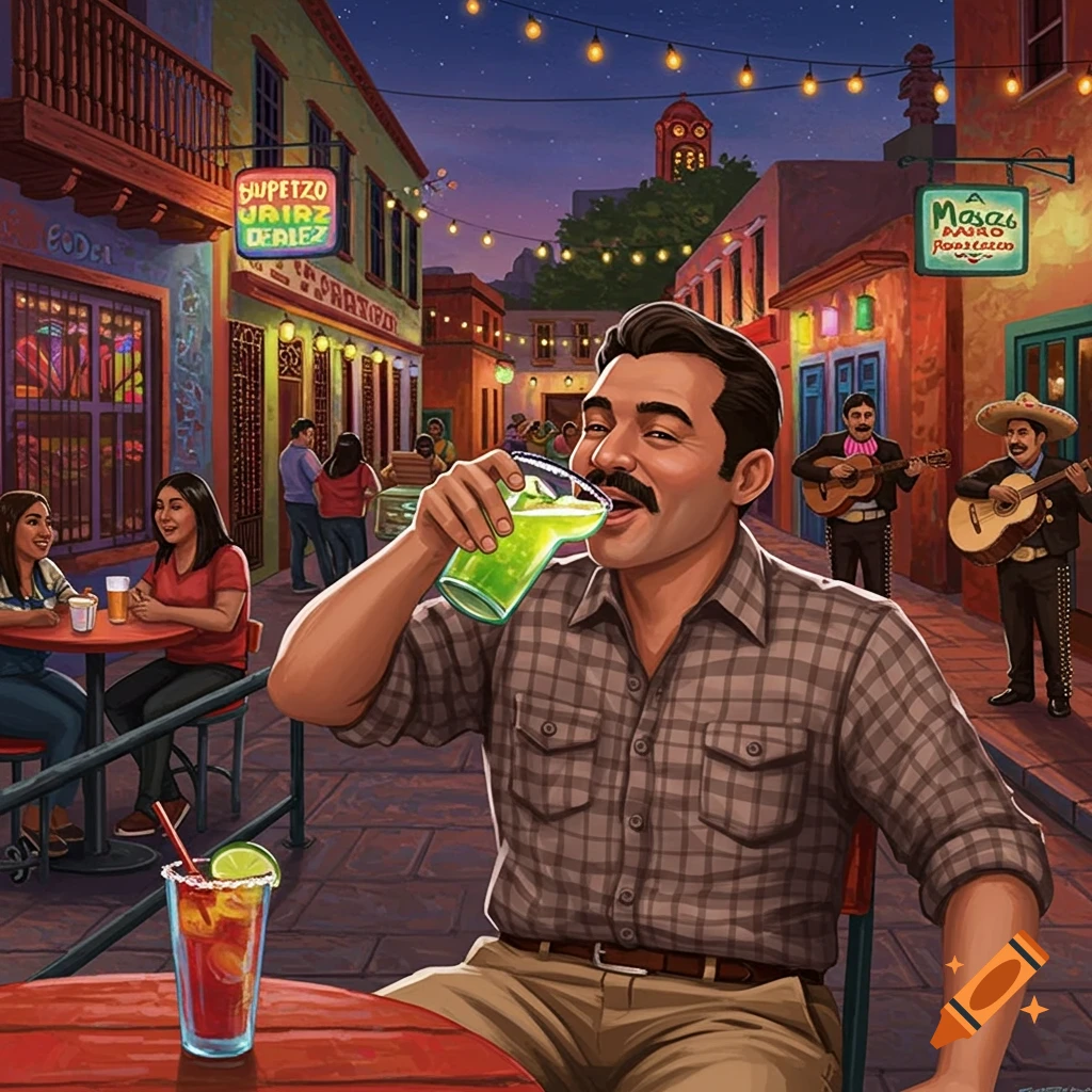 Illustration of a man drinking a green drink in a lively street scene with people and musicians.
