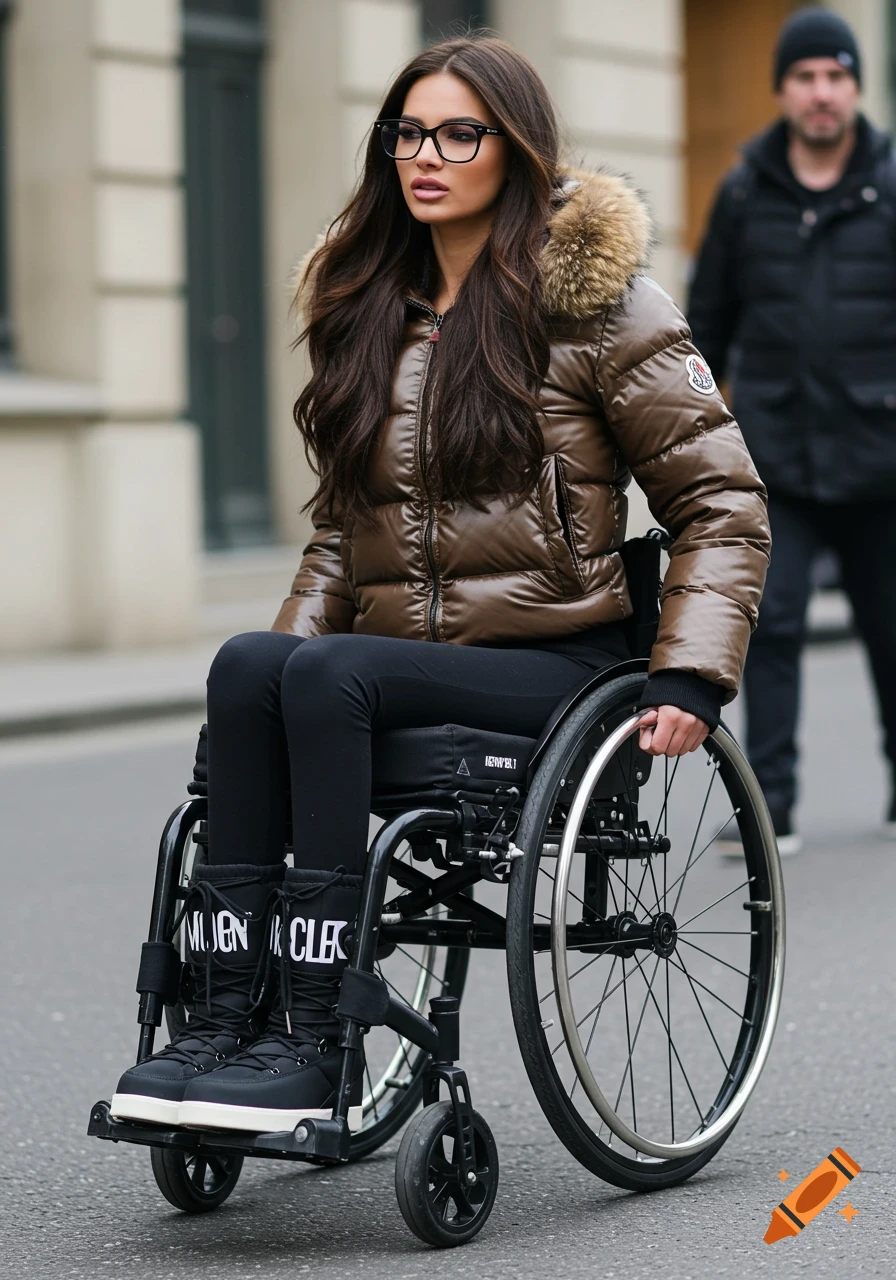 A woman in a wheelchair wears a brown puffer jacket, glasses, and moon boots on a city street.