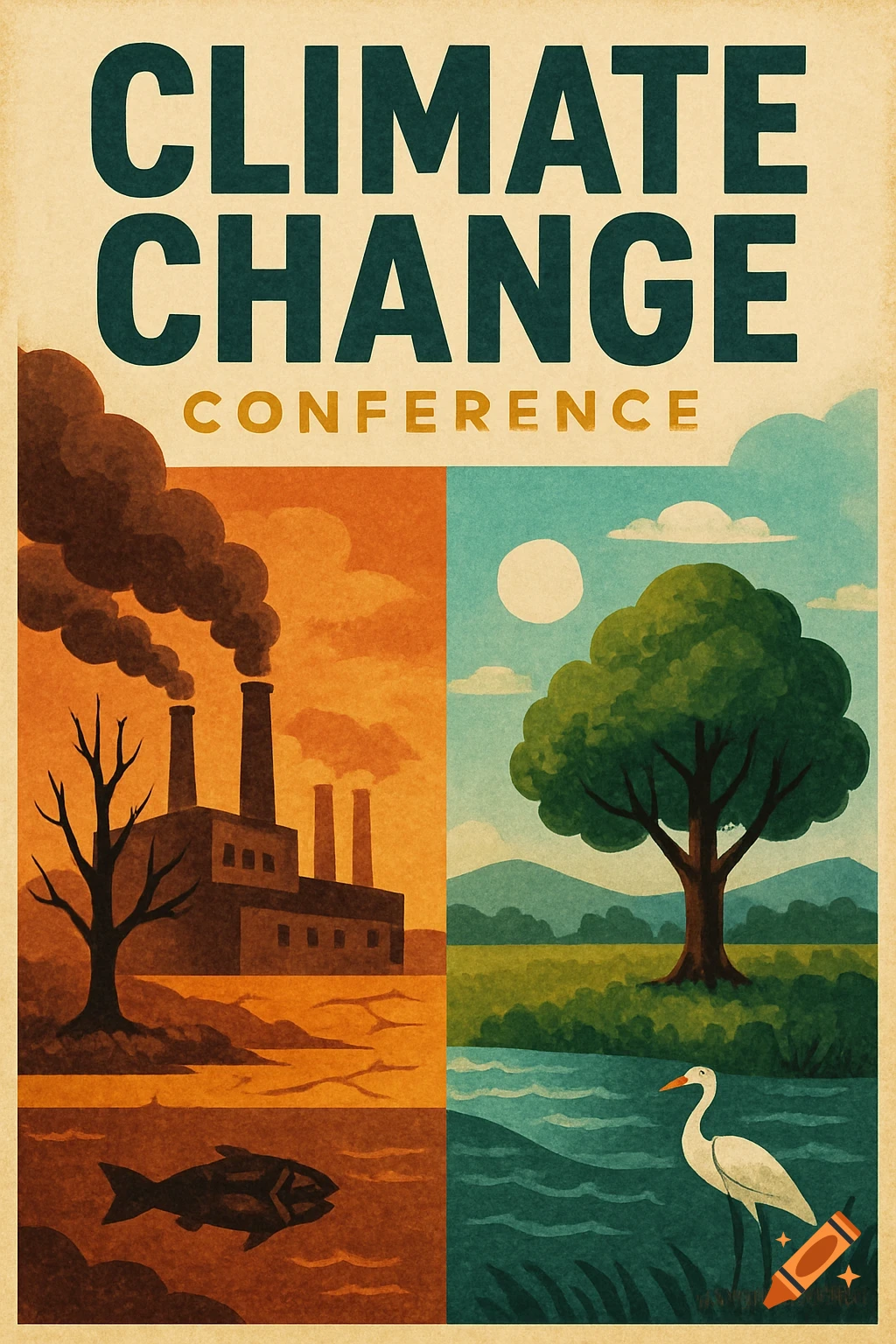 Poster about climate change conference showing pollution vs healthy environment illustration with text 'CLIMATE CHANGE CONFERENCE'.