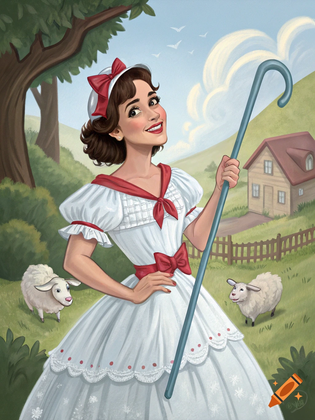 An illustration of a woman dressed as Little Bo Peep holding a staff, standing in a field with sheep.