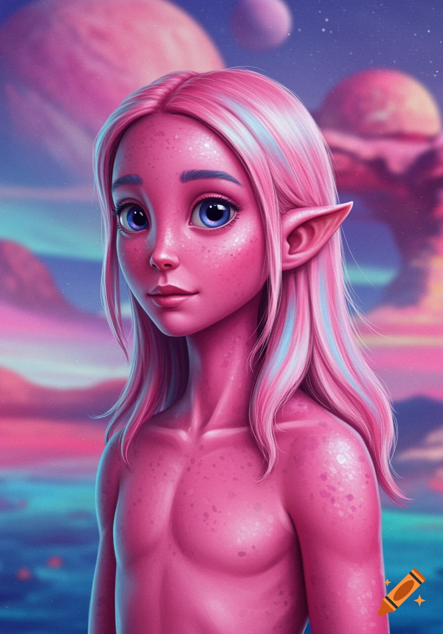 A stylized portrait of a pink alien creature with blue eyes and pink and blue hair against a colorful alien landscape.