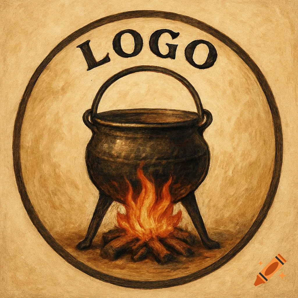 Illustration of a cauldron over a fire inside a circle with the word LOGO above.