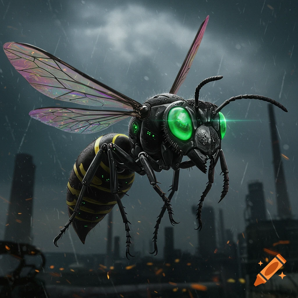 A photorealistic robotic wasp with glowing green eyes flies through the rain over a city.