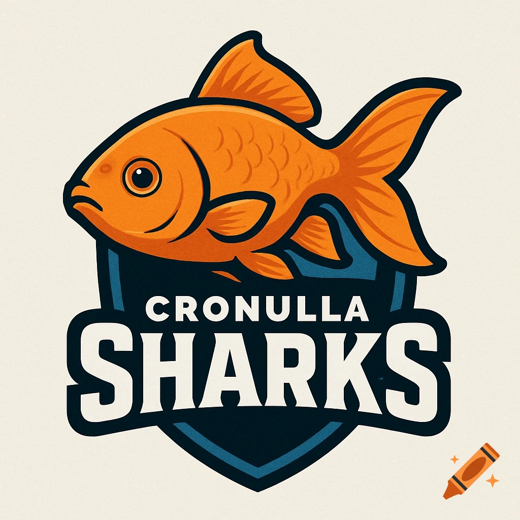 Logo with an orange goldfish above a shield containing the text 'CRONULLA SHARKS'