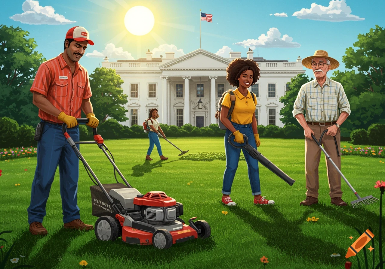 People mowing, blowing leaves, and raking the lawn in front of the White House on a sunny day.