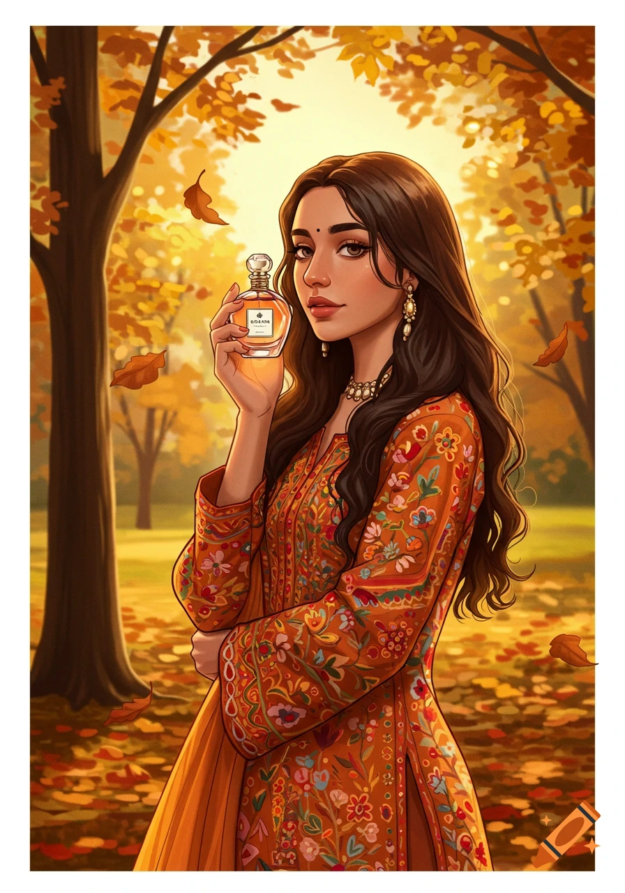 Illustration of an Indian woman holding a perfume bottle in an autumn park