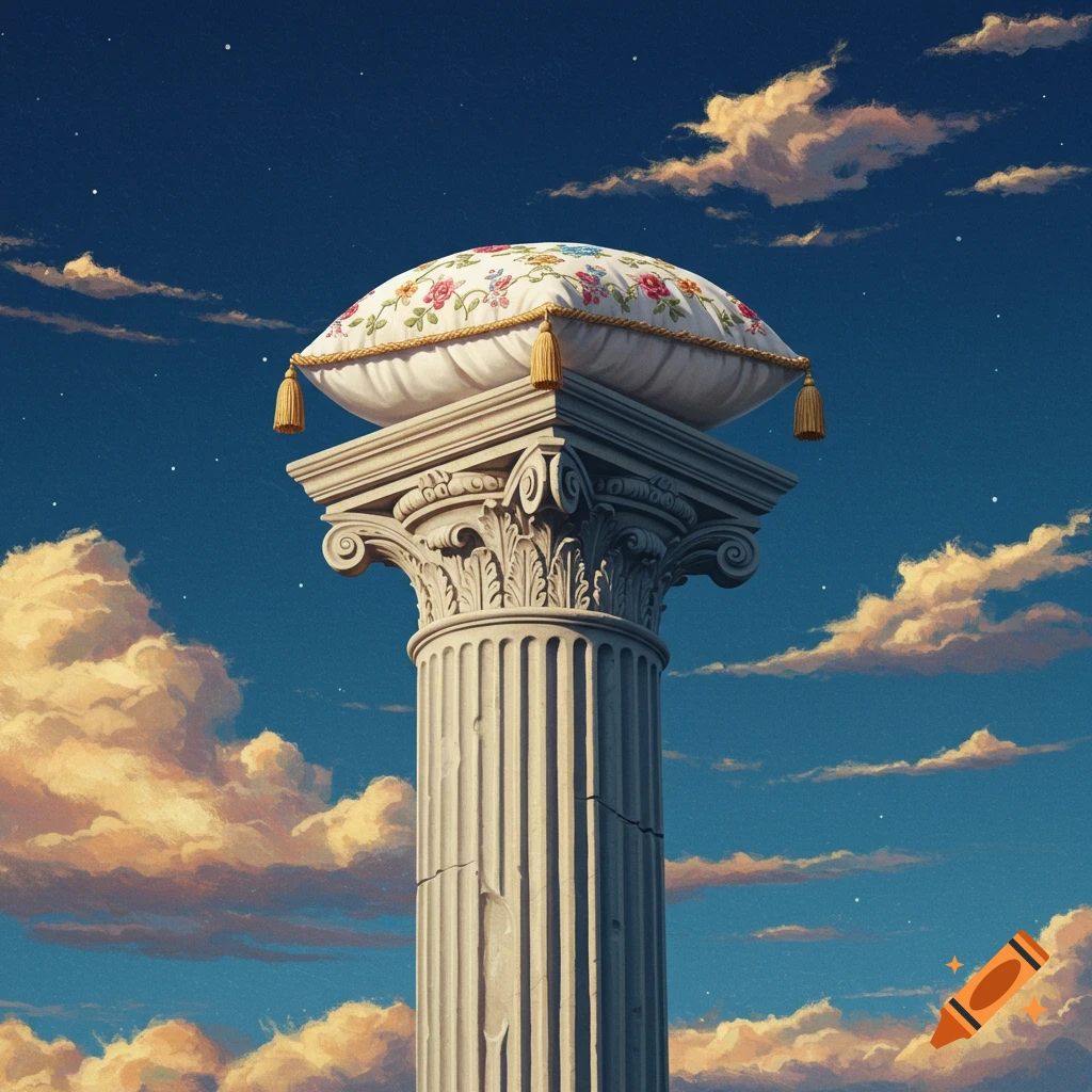 A floral cushion with tassels sits atop a classical column against a starry sky with clouds.
