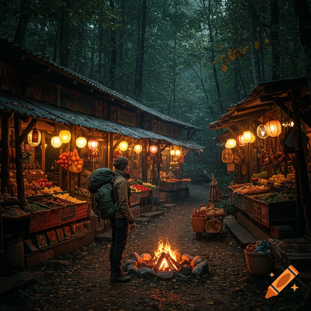 A solo traveler stands by a campfire looking at illuminated market stalls in a dark forest.