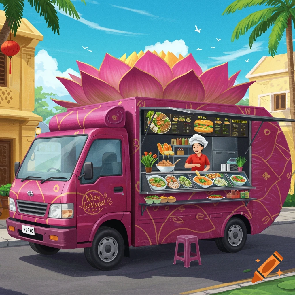 A pink food truck shaped like a lotus flower is parked on a street with a vendor serving food from the side.