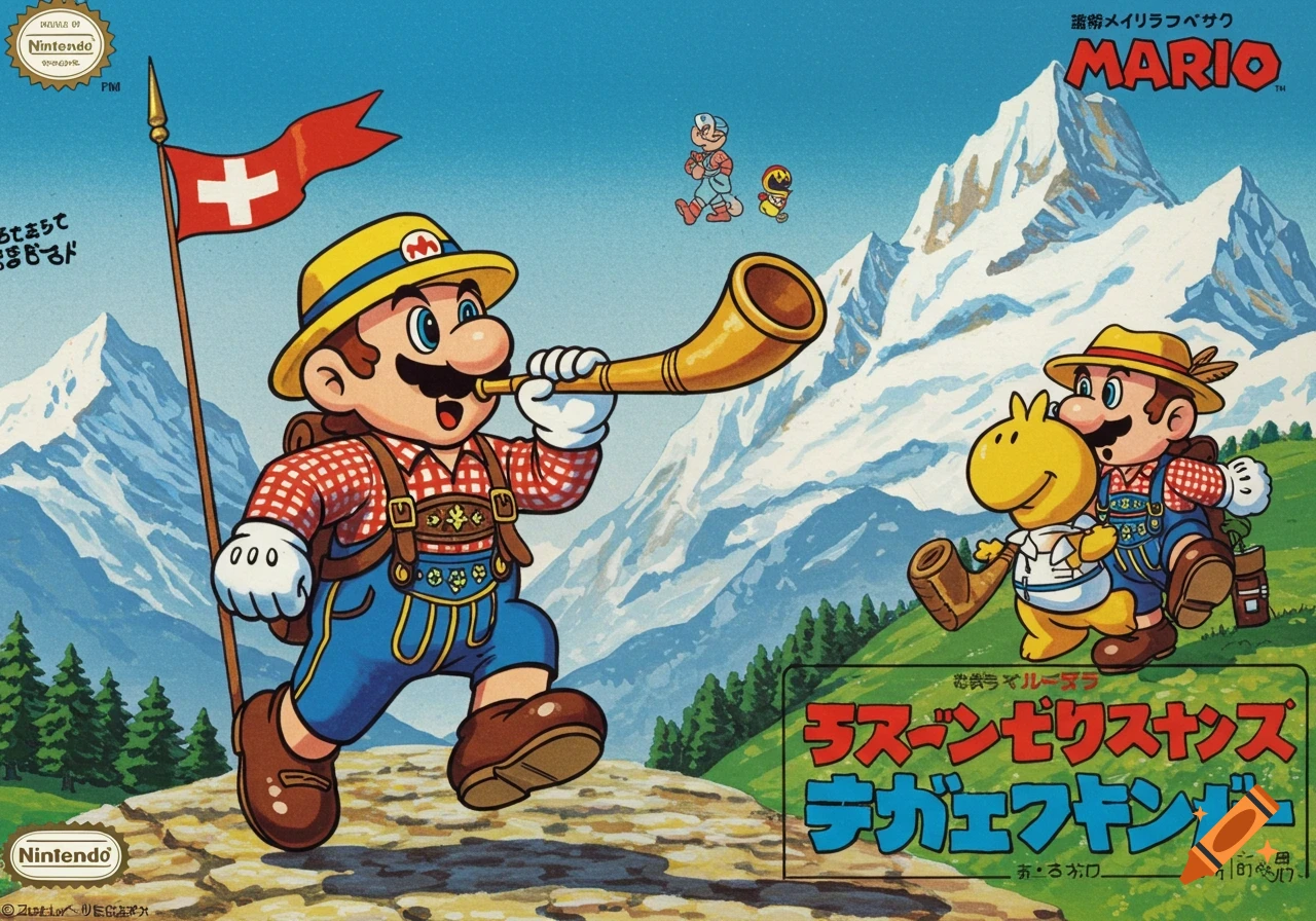 Super Mario in Swiss Alps, wearing lederhosen and playing alpenhorn, in retro 80s Japanese box art style.