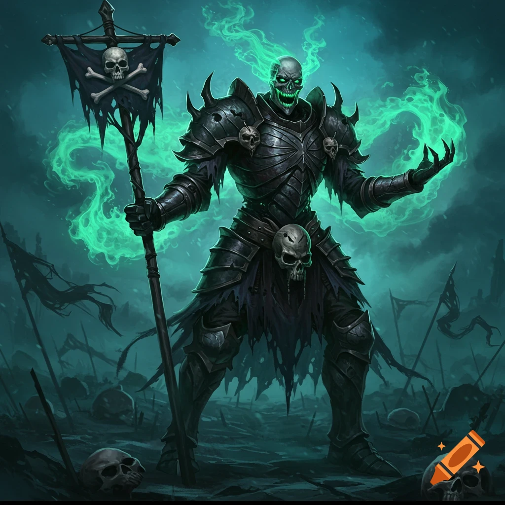 Skeletal figure in black armor with glowing green eyes holding a banner of skulls on a battlefield