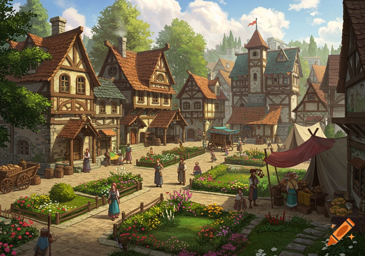 Fantasy illustration of a bustling village square with half-timbered buildings, gardens, and people.
