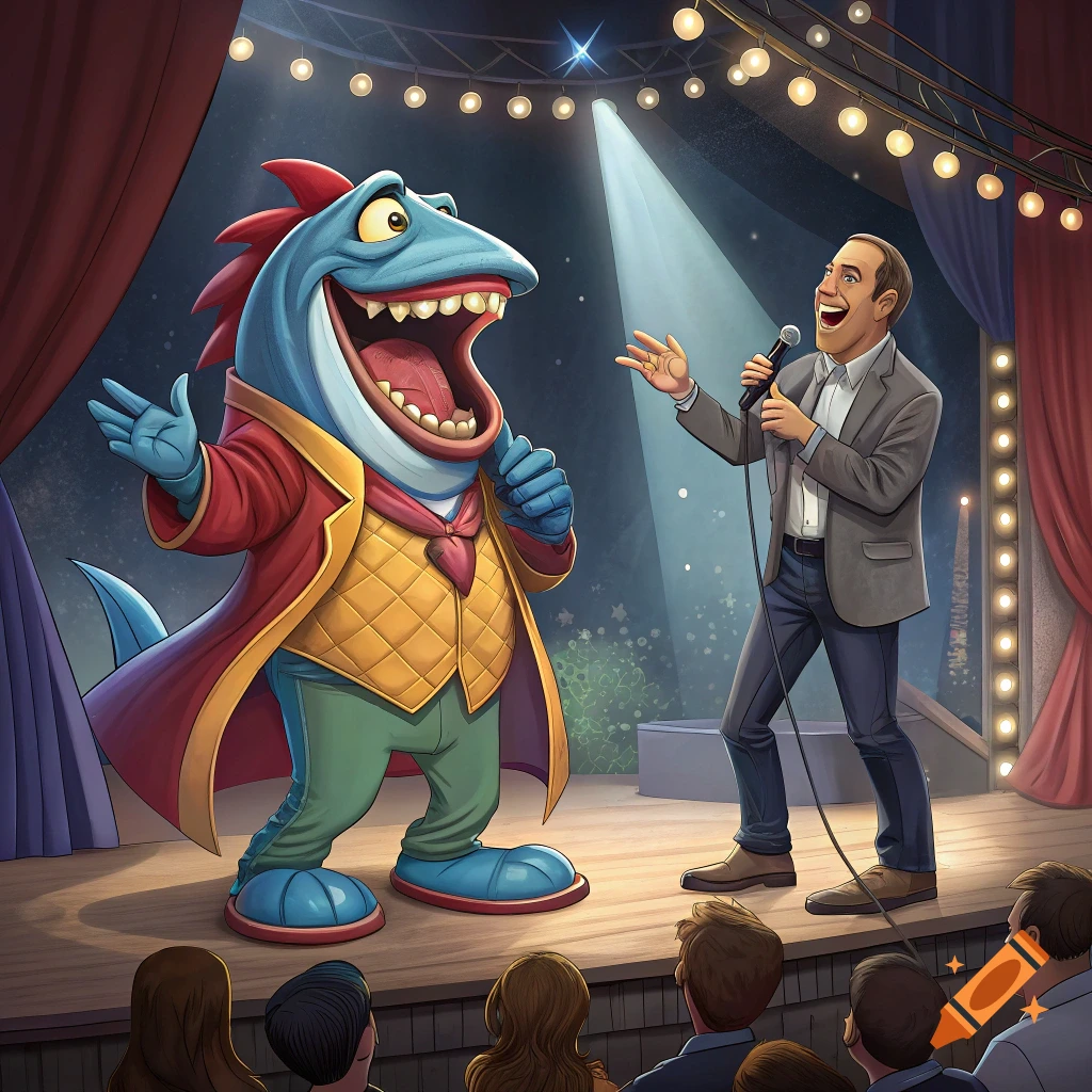 A cartoon fish character and a man with a microphone are on a stage performing for an audience.