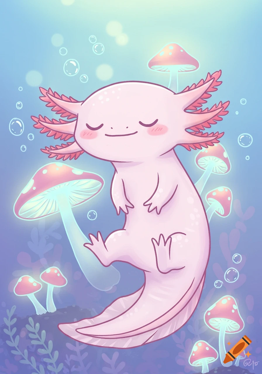 Cute pink axolotl floats among glowing mushrooms in a fantasy illustration