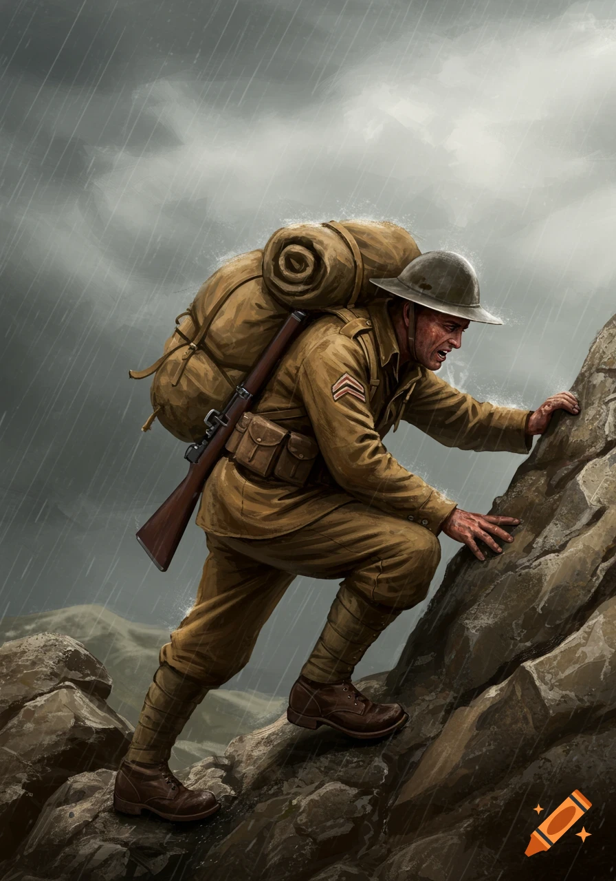 Illustration of an ANZAC soldier with a large pack climbing a steep, wet cliff in the rain.