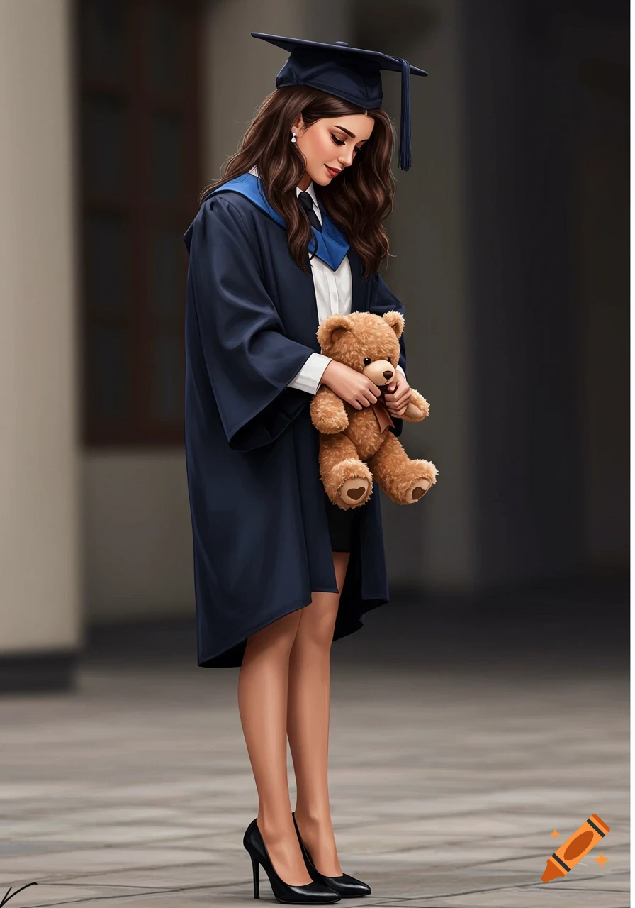 Realistic illustration of a girl in graduation cap and gown holding a teddy bear.