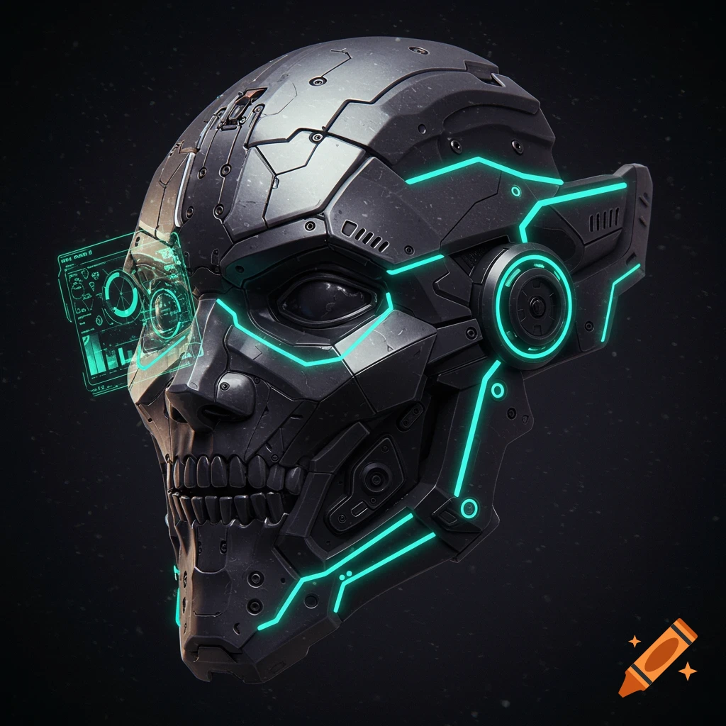 Close-up of a metallic, skull-like cyberpunk mask with glowing cyan lines and holographic display