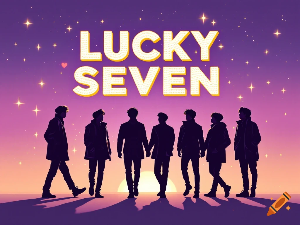 Silhouettes of seven people walk under a starry sky with 'LUCKY SEVEN' text