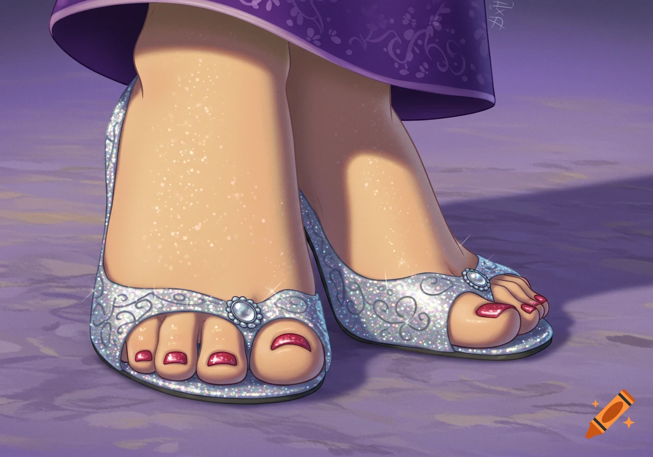Close-up illustration of feet in sparkly silver open-toed shoes with red painted toenails.