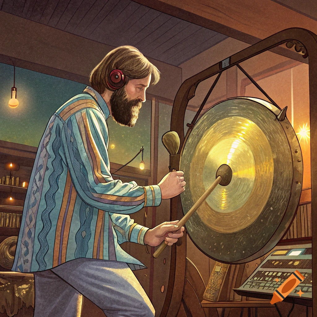 A bearded man wearing headphones plays a large gong with a mallet in a room.