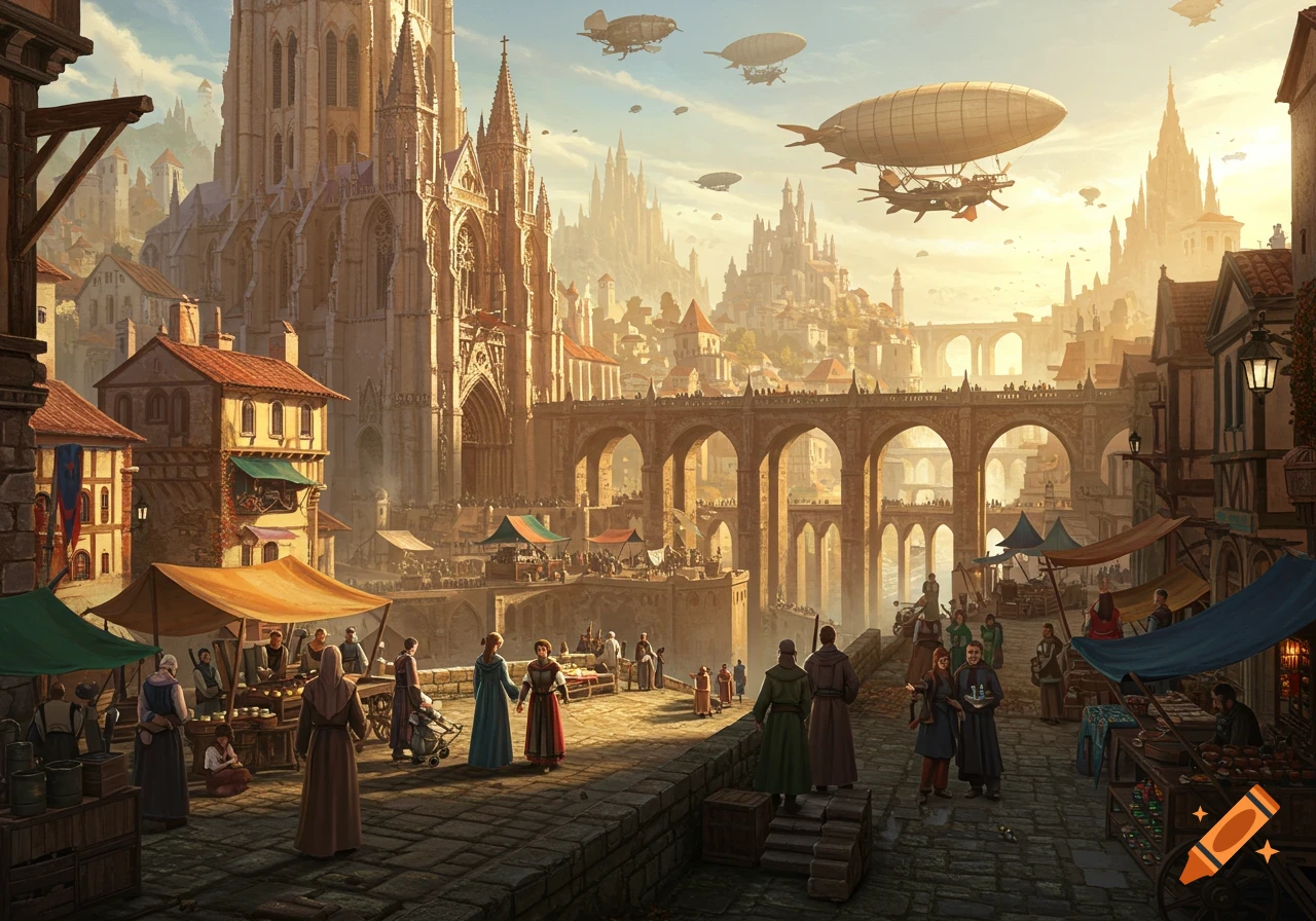 A fantasy city with a gothic cathedral, market, bridge, and airships in the sky.