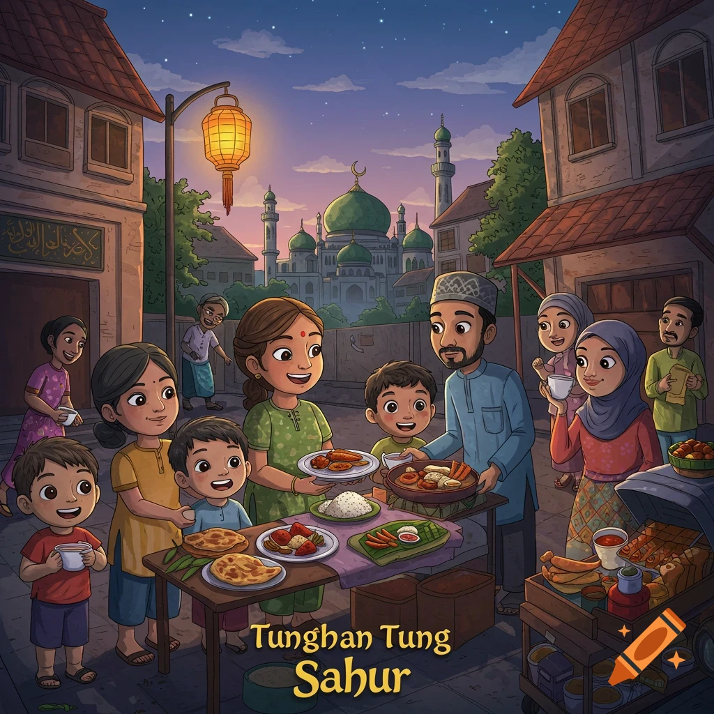 A family gathers around a table with food on a street at dawn, with a mosque in the background. Illustrated style.