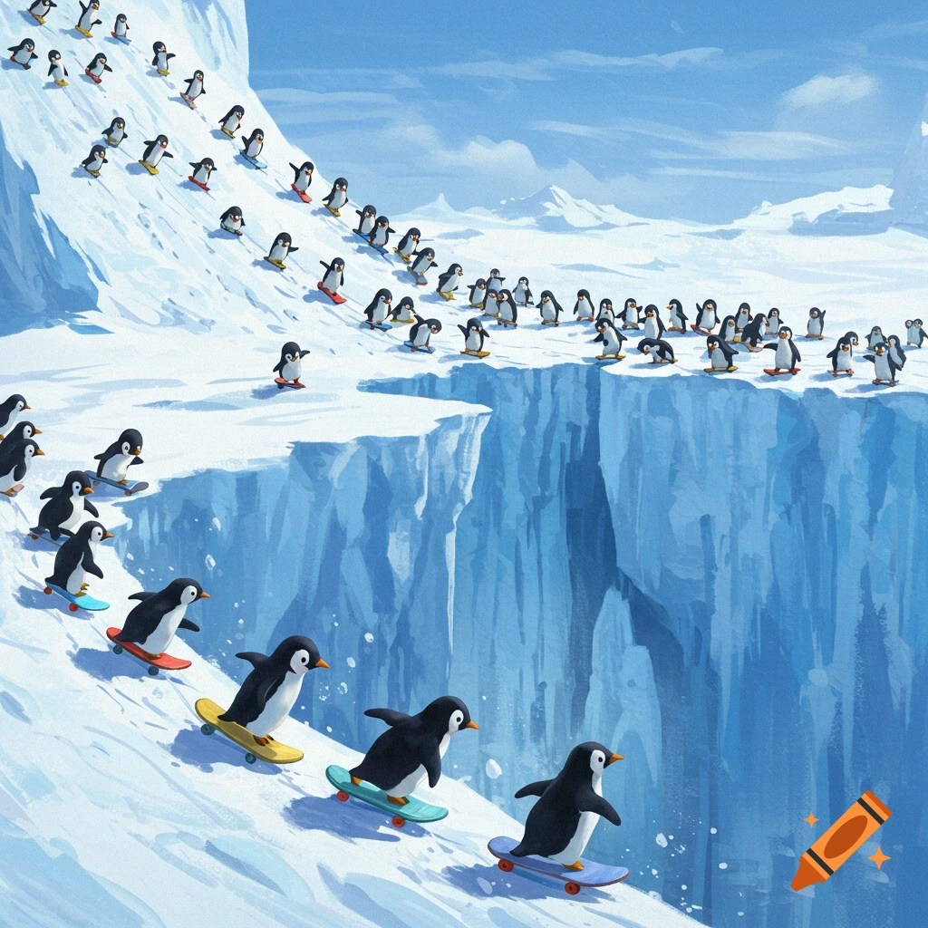 Digital illustration of many penguins skateboarding down a snowy slope towards a cliff.