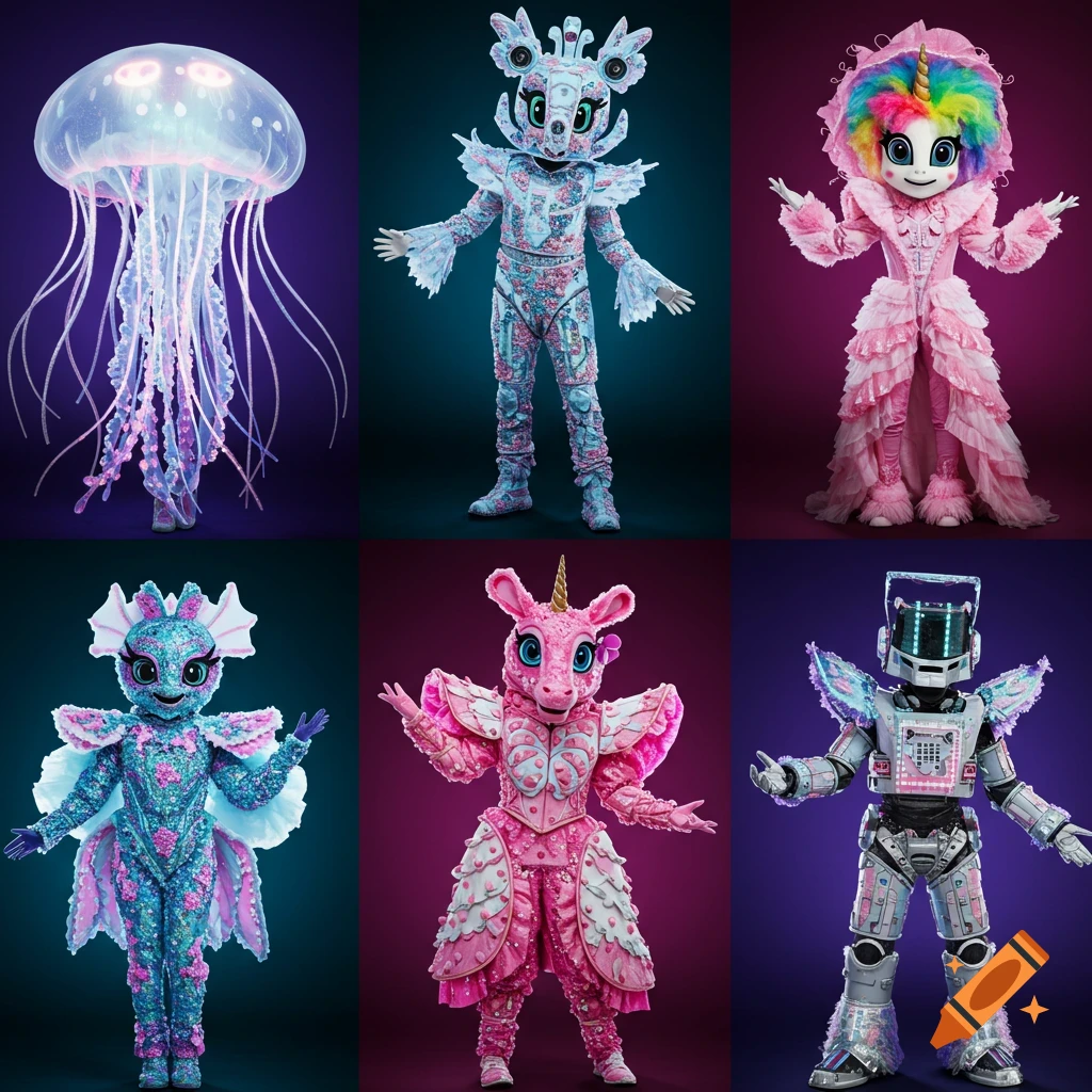 Six figures in elaborate, colorful costumes: jellyfish, floral koala, rainbow unicorn, sea creature, pink unicorn, and robot.
