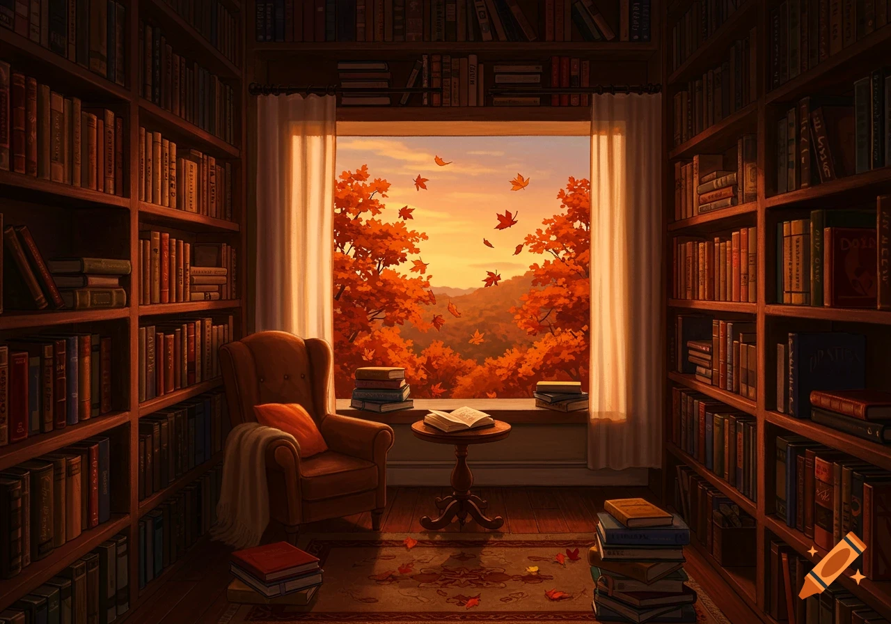 A cozy library room with bookshelves, an armchair, and a window showing an autumn forest view with falling leaves.