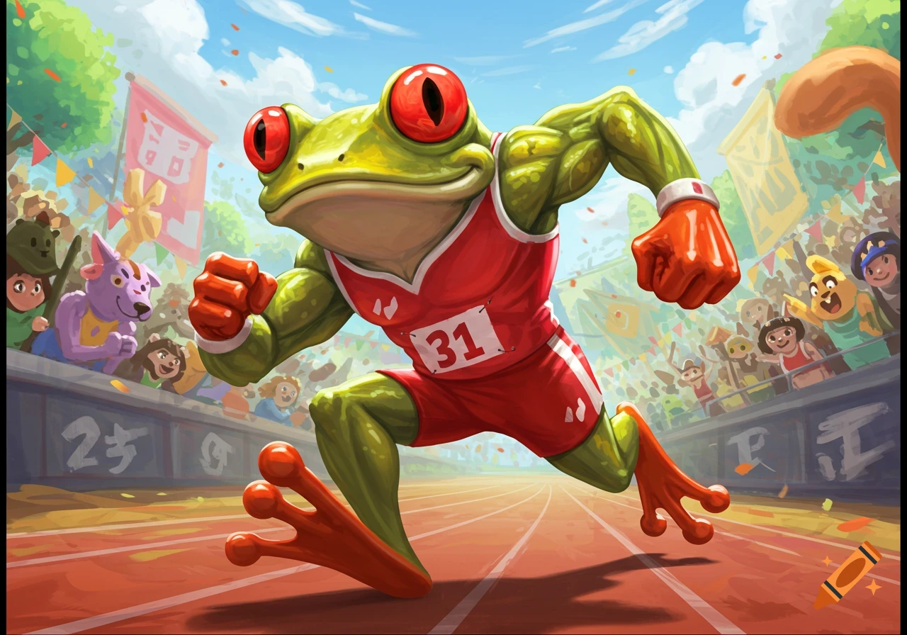 A muscular cartoon frog with red eyes wears a red running singlet with '31' and sprints on a track past cheering crowds.