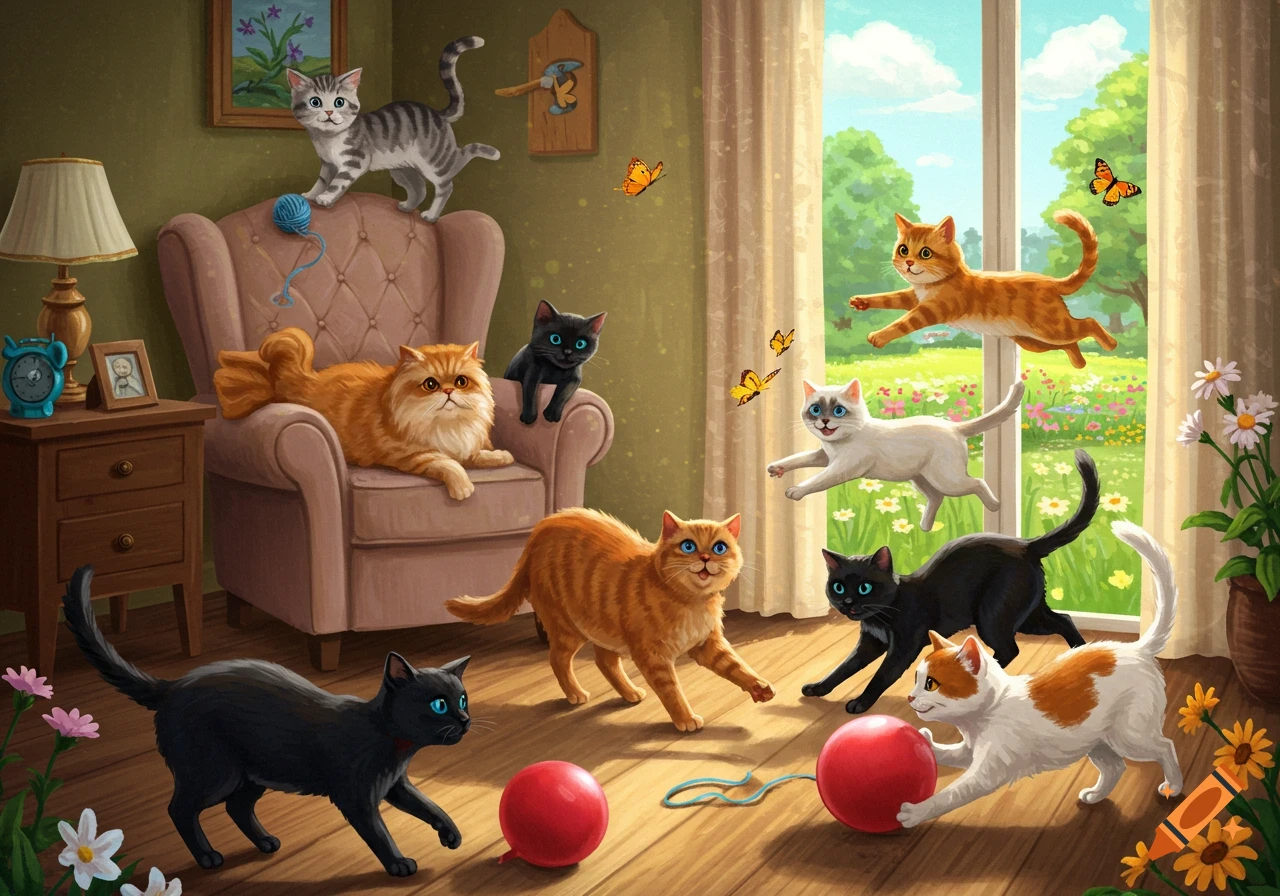 Many cats play indoors and outdoors with balls and yarn in a bright room.